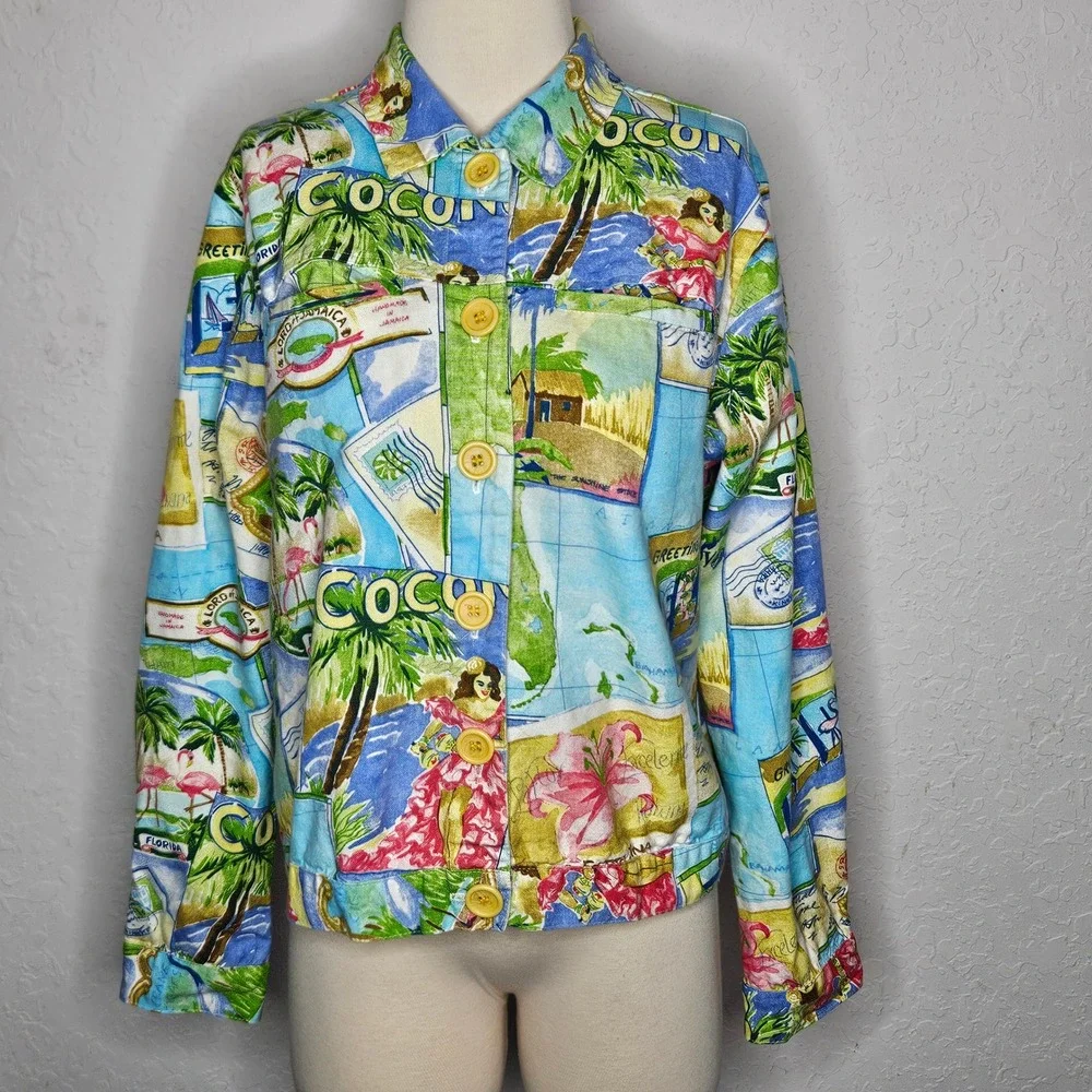 Alexis & Avery Women's Tropical Postcard Print Cotton Button Up Jacket Small